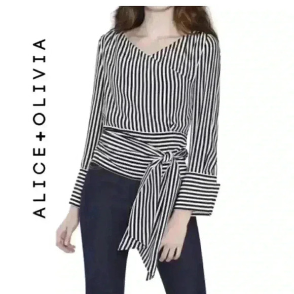 Alice and Olivia Alba Cross Front Womens Blouse Size S Striped Long Sleeve - Picture 1 of 7